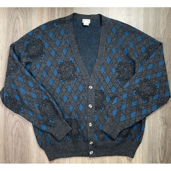 Vintage‎ Florence Tricot Cardigan 90s Italian Gray Blue Grunge Argyle Sweater XL - Picture 1 of 9